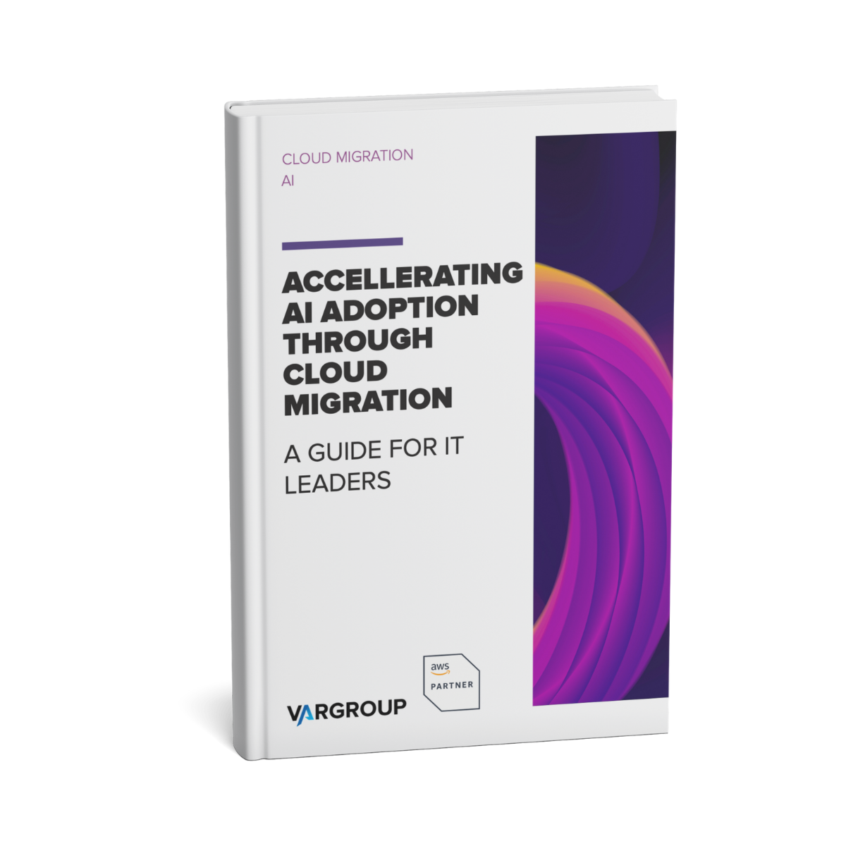 Mockup del whitepaper a forma di libro con titolo sulla copertina e loghi vargroup e AWS