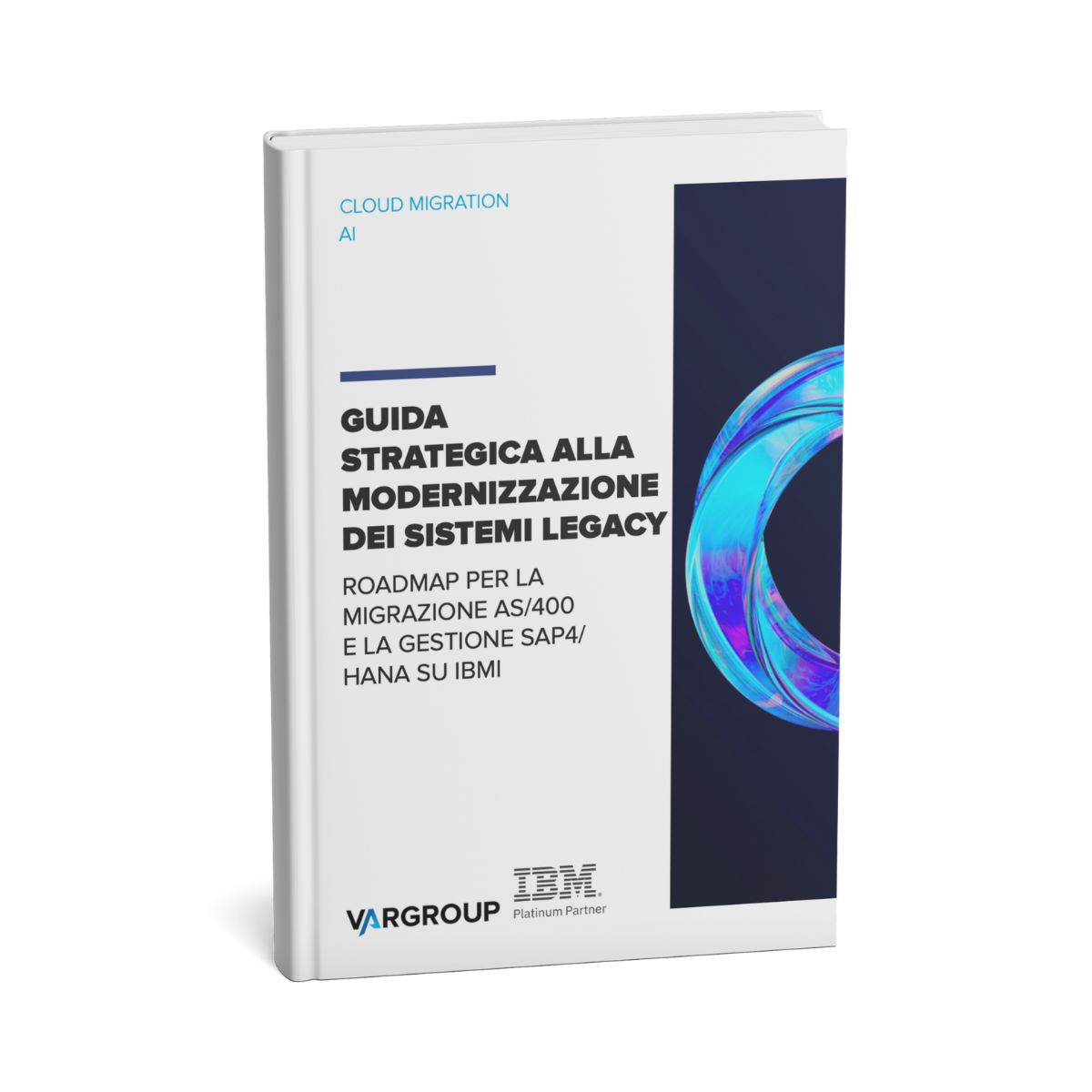 Mockup del whitepaper a forma di libro con titolo sulla copertina e loghi vargroup e ibm