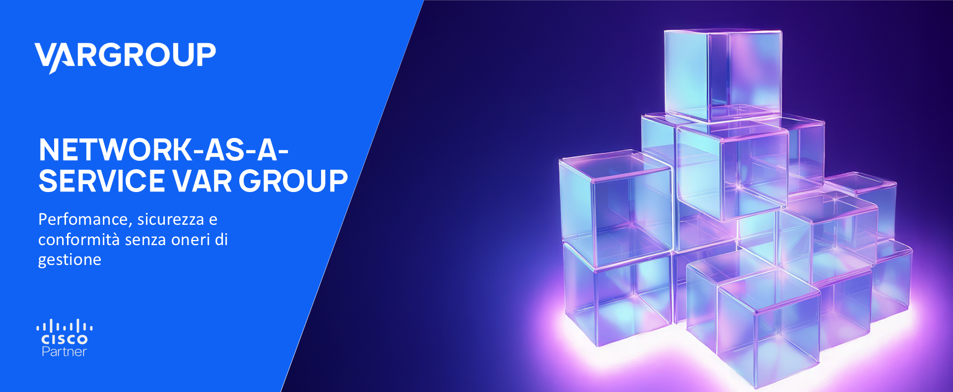 immagine astratta di cubi tridimensionali blu e viola con titolo evento logo var group e cisco