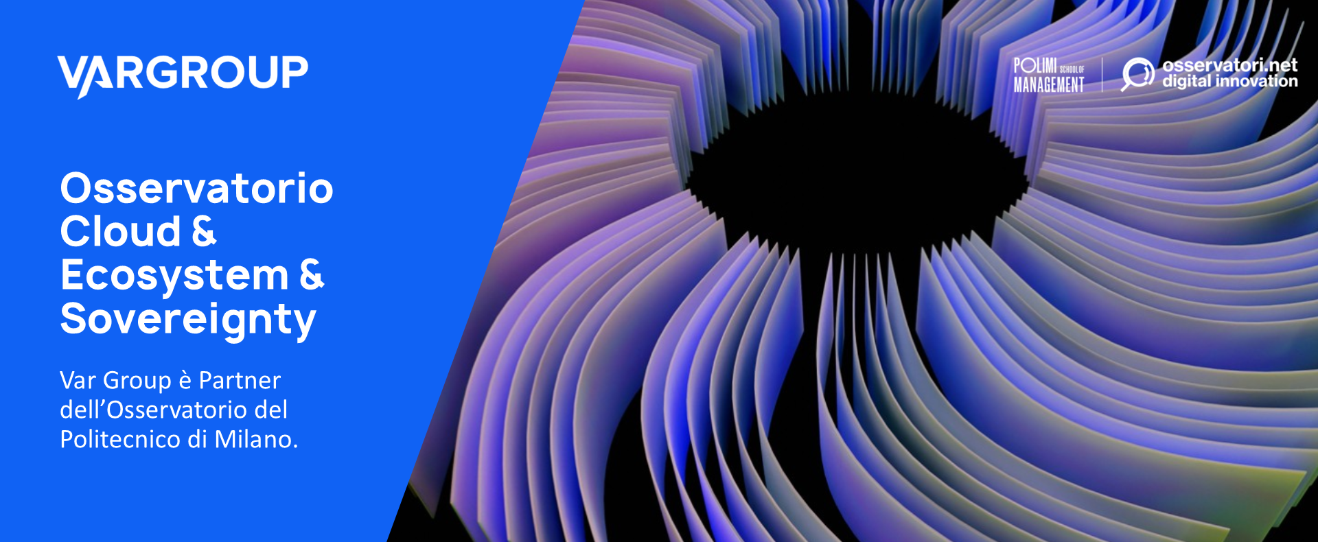 grafica con titolo dell'evento e immagine astratta di un vortice dal colore viola e blu