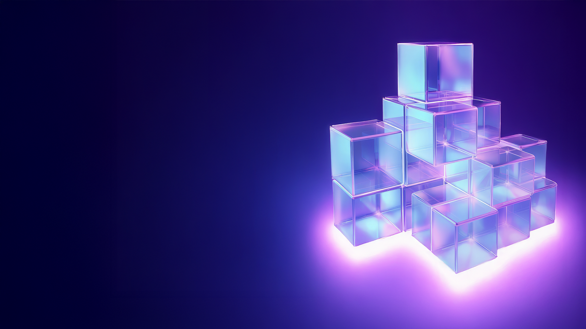 immagine con dei cubi trasparenti dai colori del viola che formano una piramide su sfondo blu