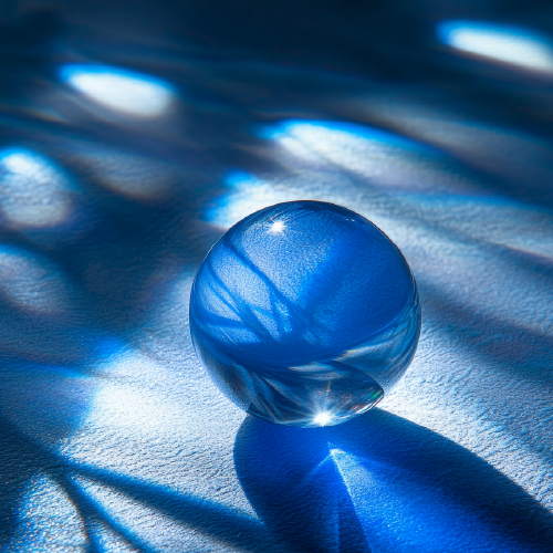 immagine di una biglia trasparente dai colori del blu