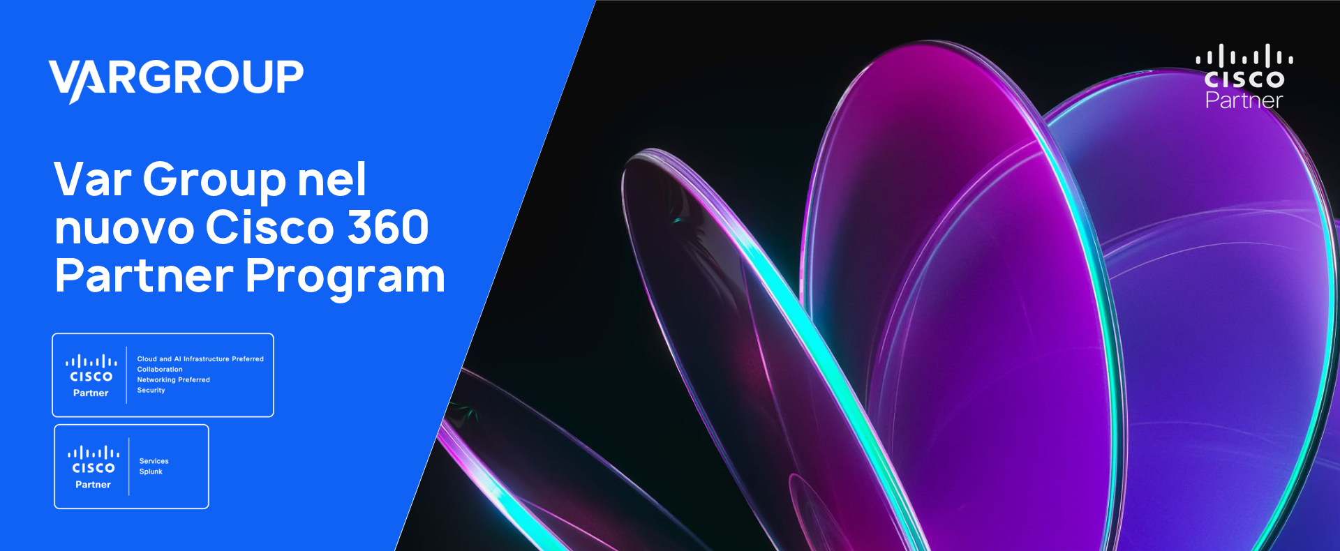immagine di copertina con titolo evento loghi partnership cisco e immagine astratta con cerchi dai colori blu e viola