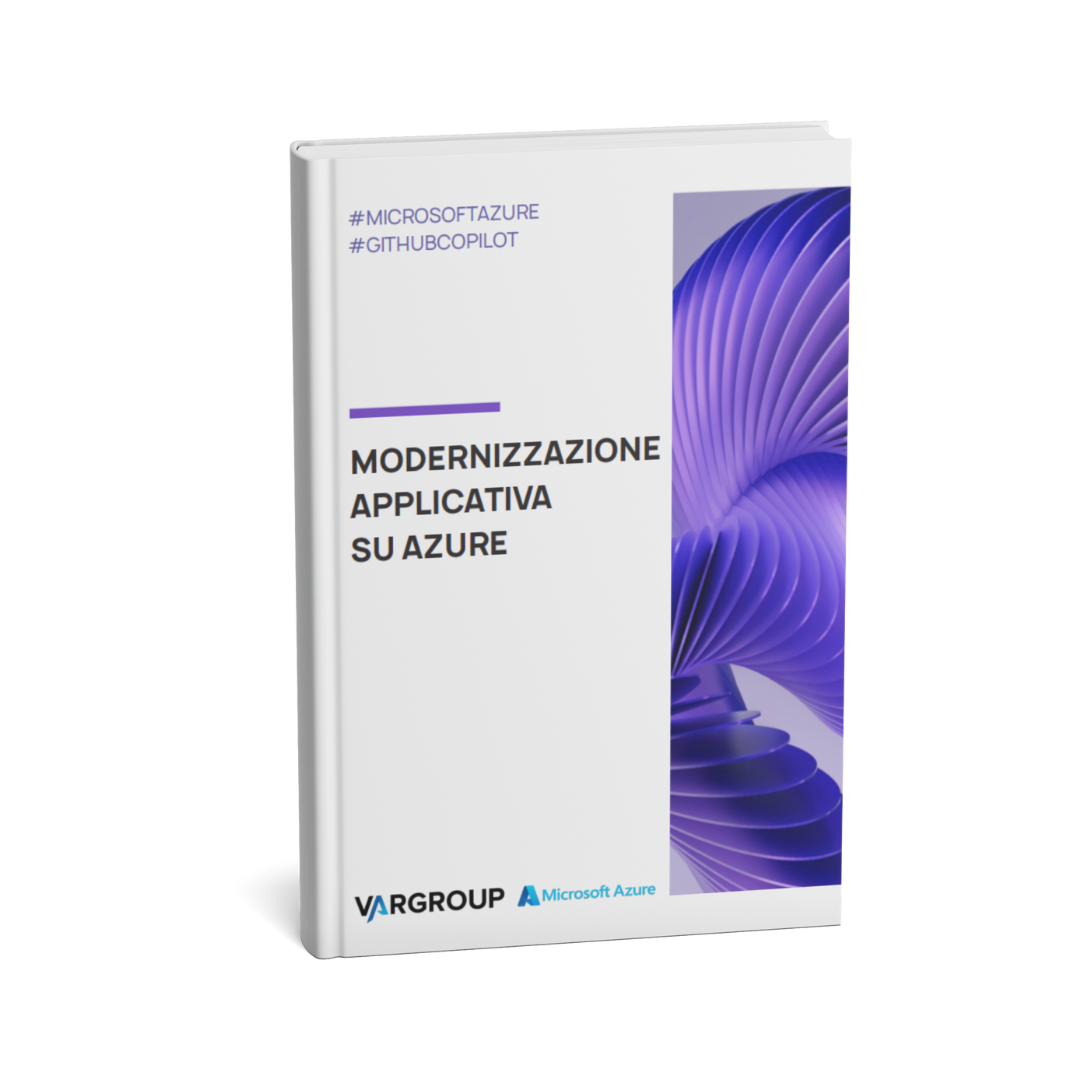 Mockup del whitepaper a forma di libro con titolo sulla copertina e loghi vargroup e AWS