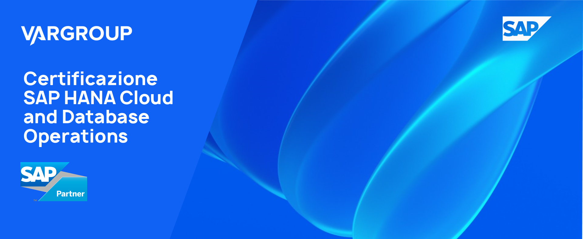 immagine astratta sui colori del blu con titolo della certificazione e logo SAP