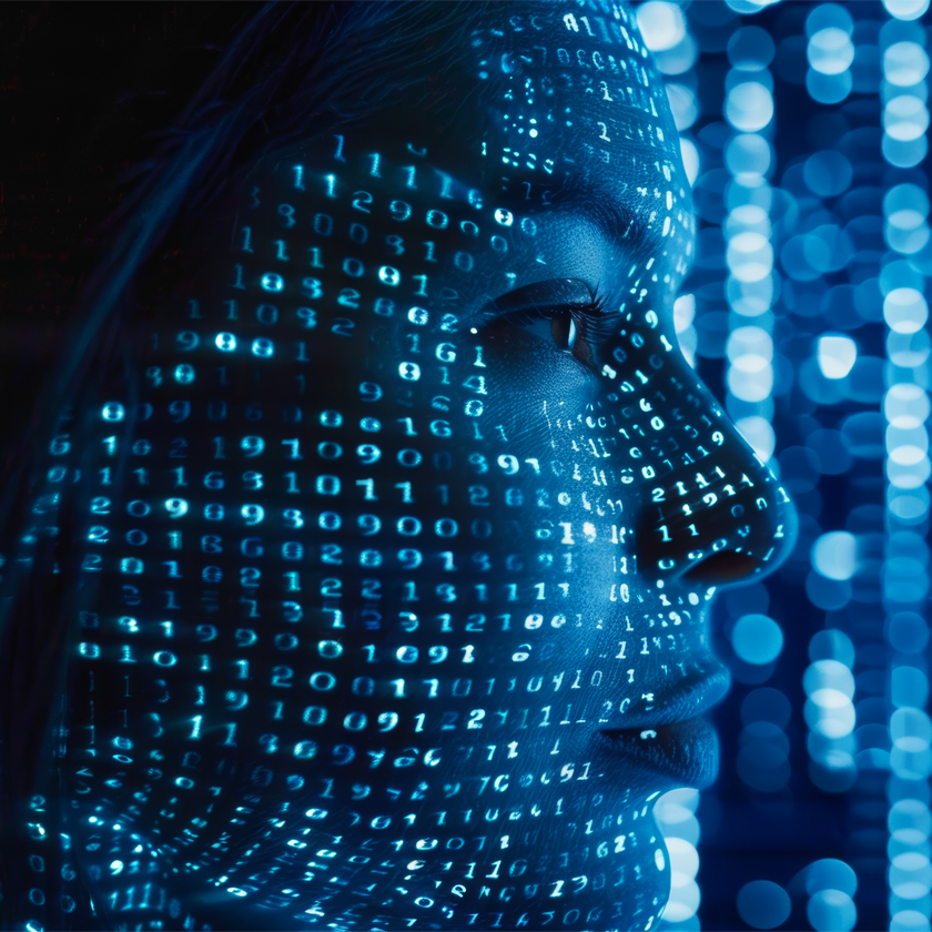 Profilo di donna illuminato da codici, rappresentazione dell’intelligenza artificiale e dell’approccio umano del SOC Yarix nella cybersecurity in Italia.