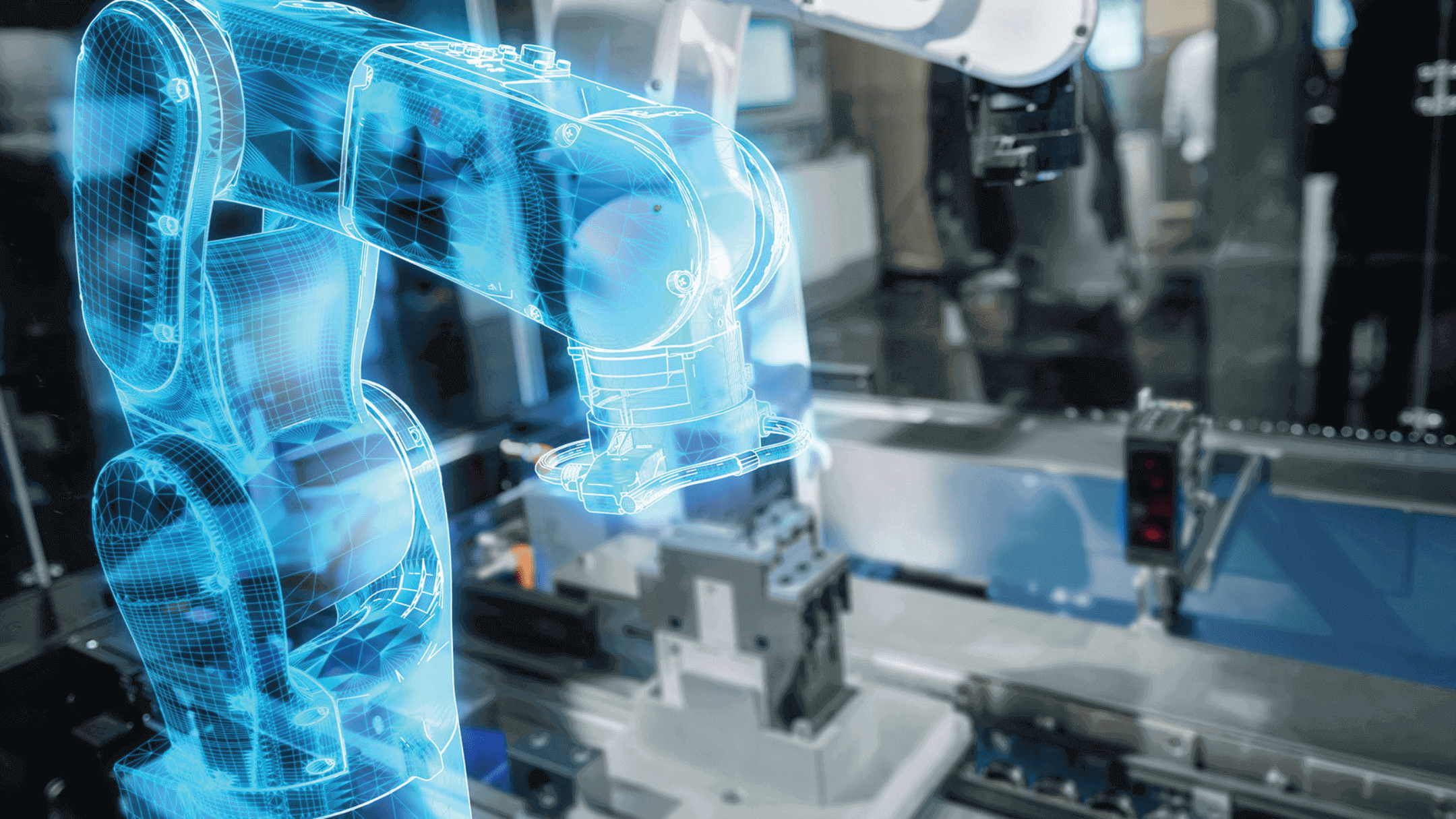 Digitaler Zwilling eines Industrieroboters in einer modernen Produktionsanlage, Symbol für intelligente Fertigung und Industrie 4.0.