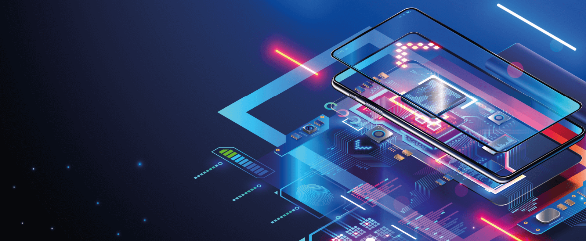 Illustrazione digitale di uno smartphone con componenti elettronici e circuiti stampati (PCB) visibili, rappresentati in stile futuristico e trasparente, su sfondo blu con elementi luminosi e grafici tecnologici