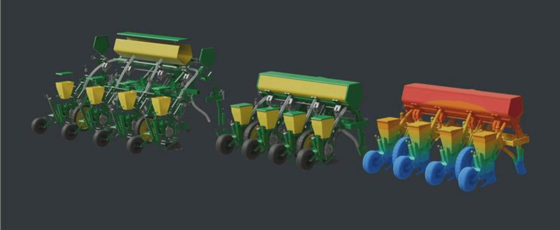 Modello 3D di una seminatrice agricola analizzata con simulazione meshless in Altair SIMSOLID, che mostra il confronto tra design meccanico e risultati di analisi strutturale tramite mappa di stress