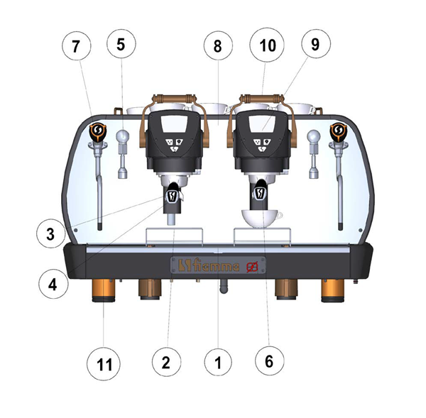 Schema tecnico di una macchina per caffè Fiamma con parti numerate