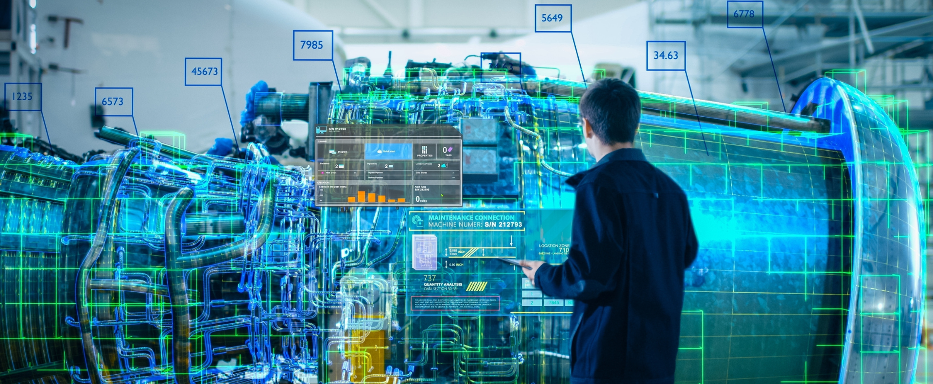 Tecnico interagisce con una visualizzazione di dati in realtà aumentata sul digital twin di un motore industriale