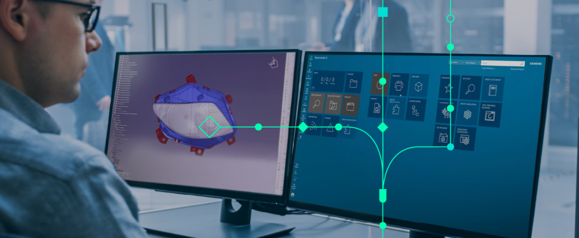 Progettista che lavora su due monitor per progettazione e ciclo di vita del prodotto