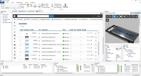Interfaccia software di gestione dei dati del prodotto con visualizzazione di componenti e informazioni dettagliate