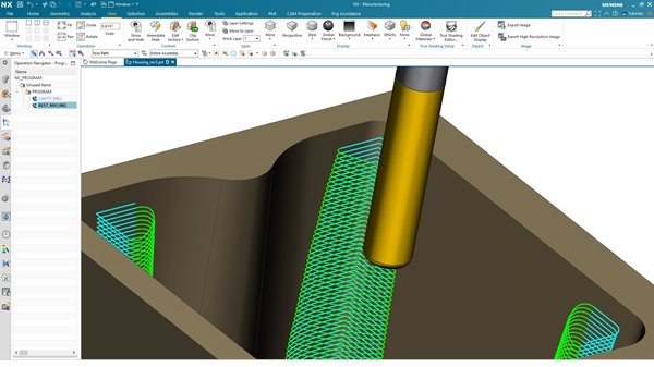 Schermata del software NX CAM che mostra la programmazione del taglio di uno stampo
