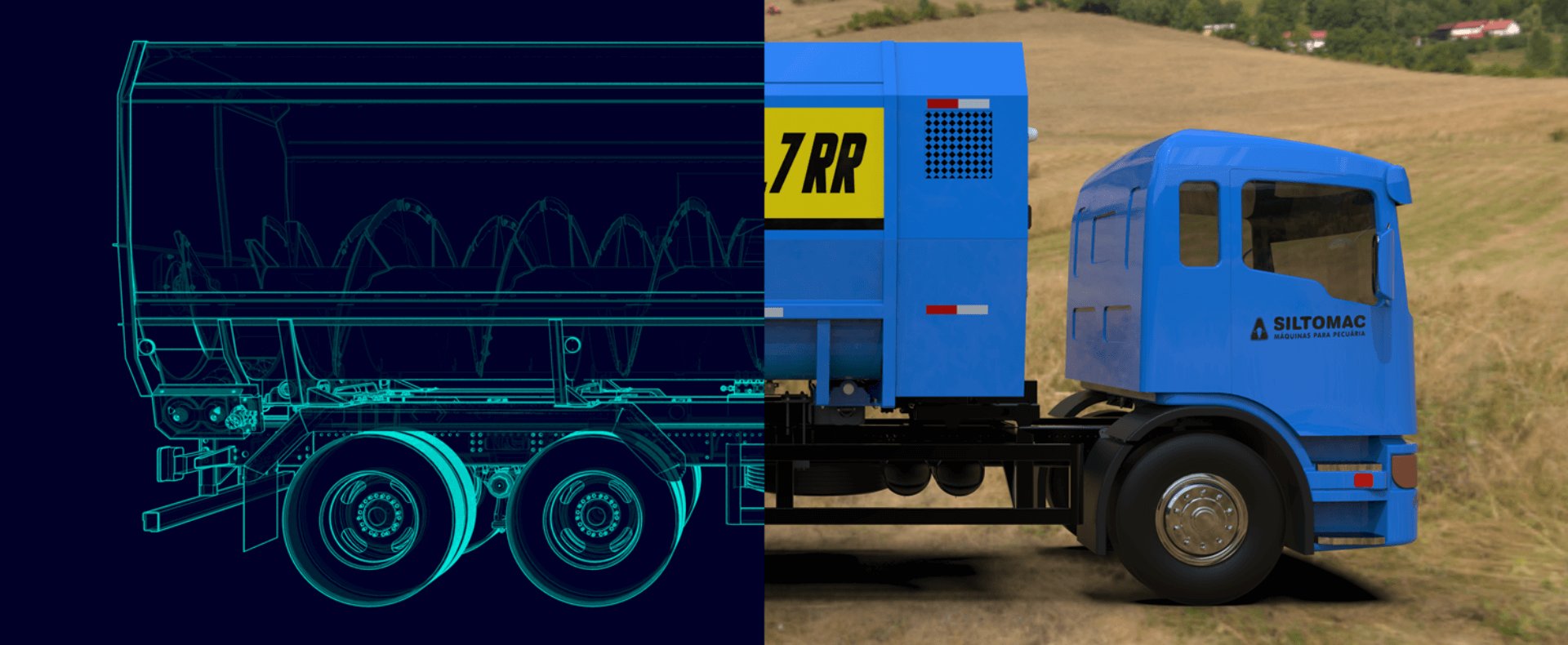 Confronto tra modello CAD e rendering realistico di un camion industriale blu con cisterna, che mostra la transizione dal design digitale alla macchina finita in ambiente reale
