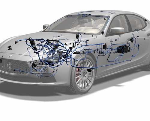 Automobile con rappresentazione dei sistemi di linee meccaniche ed elettriche che la compongono