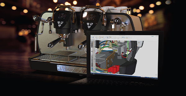 Macchina del caffè e la rappresentazione 3D delle sue componenti interne su computer