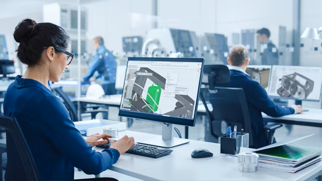 Progettista che utilizza il cad di siemens per progettare un componente