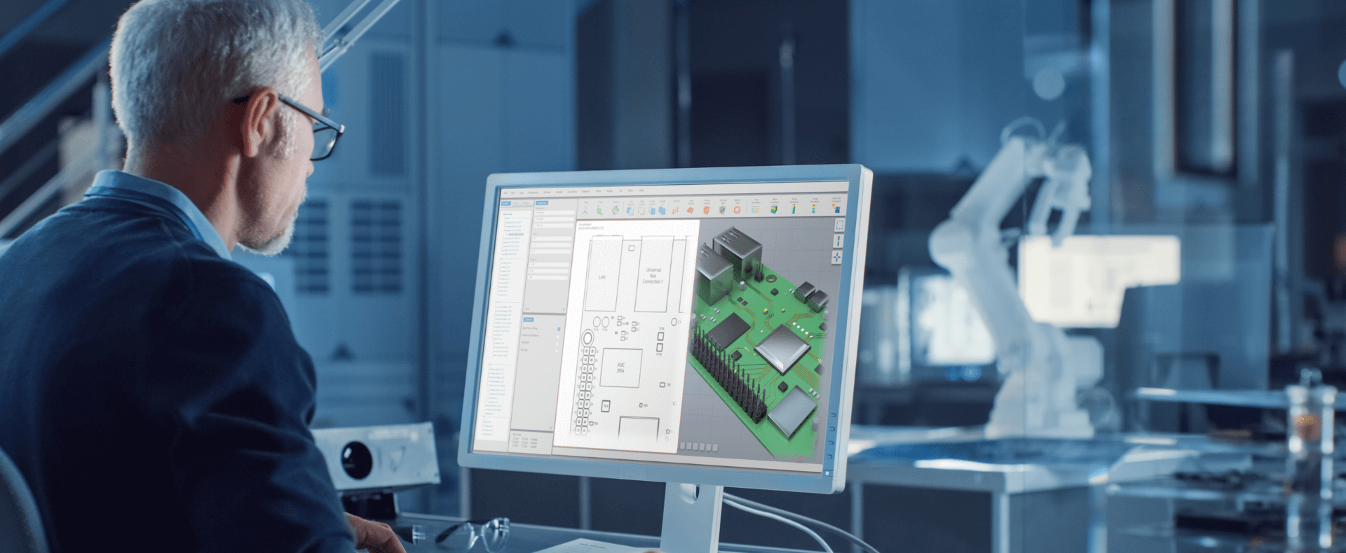 Ingegnere al computer che progetta una scheda elettronica