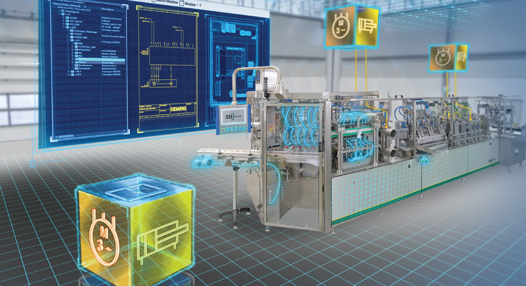 Macchinario industriale con sovrapposizione di grafici digitali