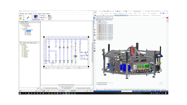 Interfaccia di progettazione CAD di un sistema meccanico con schema elettrico