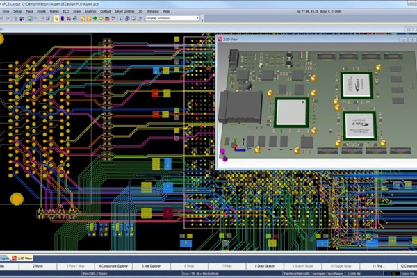 Schermata di un software di progettazione con vista 2D e 3D di un circuito