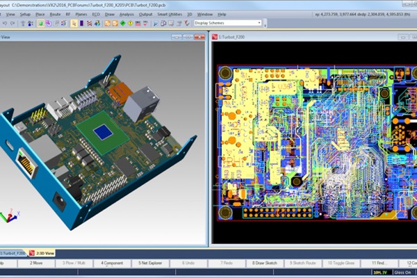 Schermata di un software di progettazione con vista 3D e layout 2D di un circuito