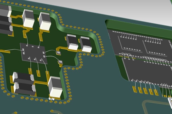 Vista ravvicinata di un modello 3D di una scheda elettronica con componenti