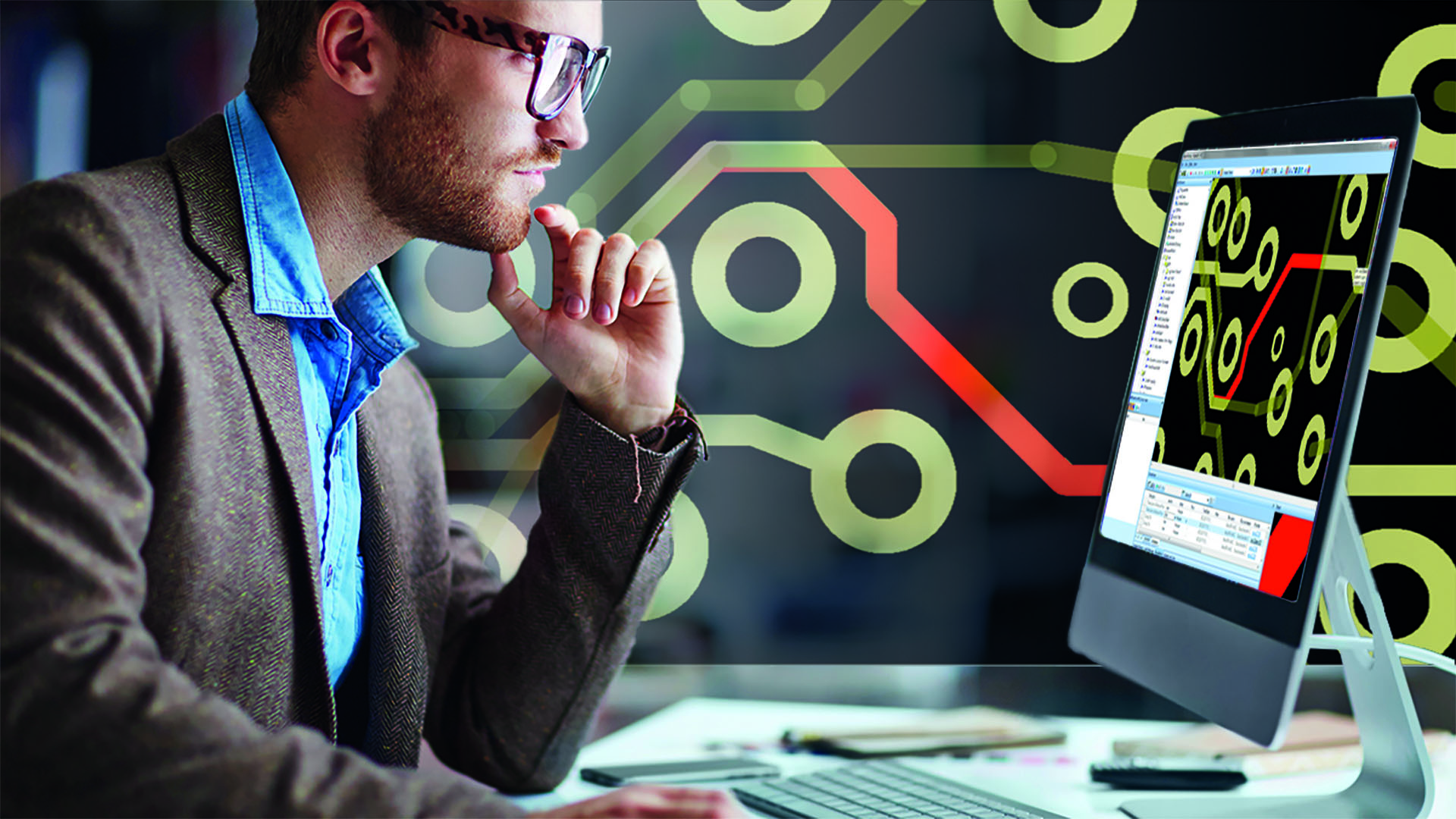 Ingegnere che lavora su un progetto di circuito elettronico al computer