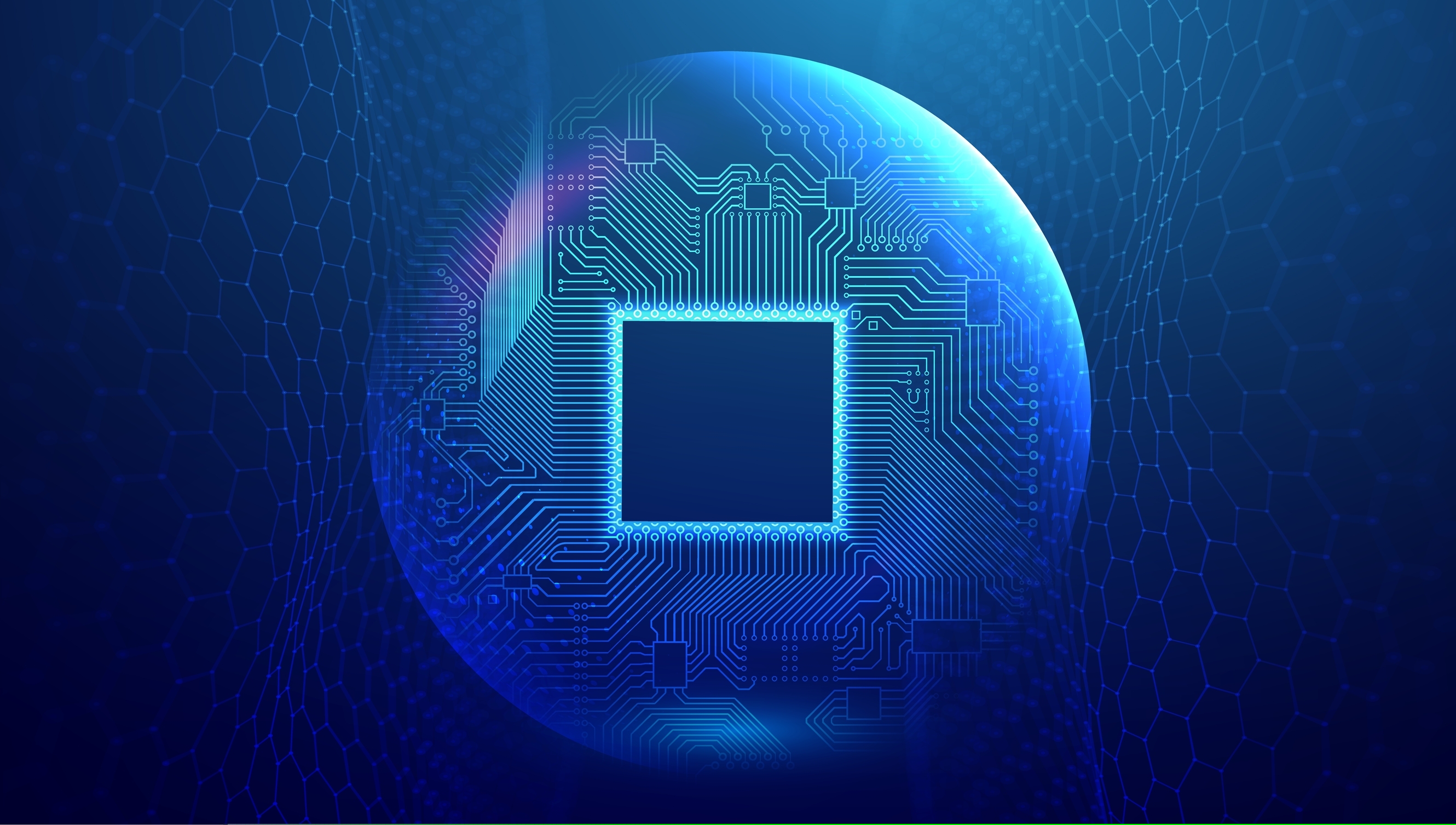 Illustrazione digitale di un microchip futuristico incorniciato da una sfera