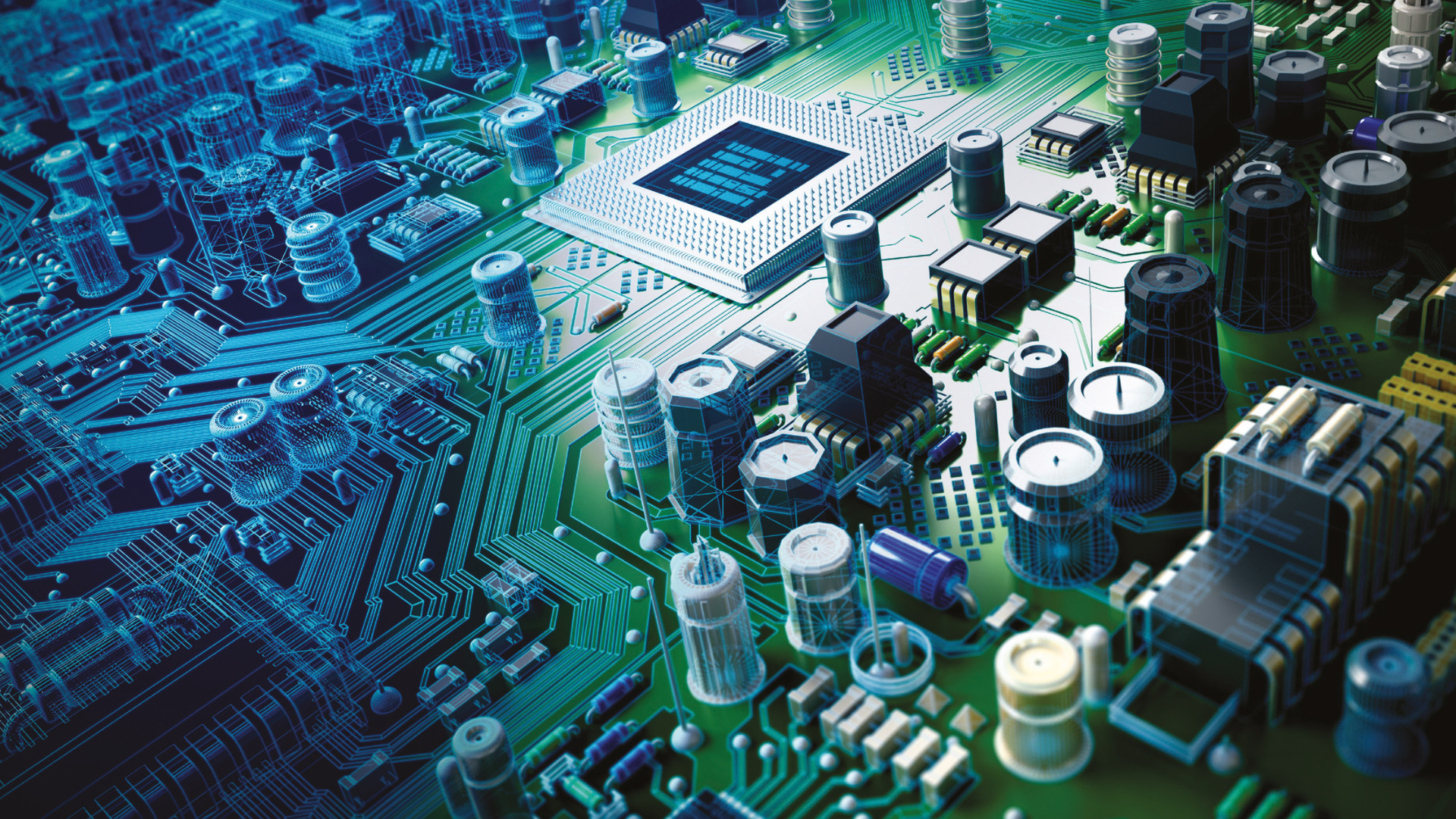 Dettaglio di una scheda elettronica con microchip centrale e componenti