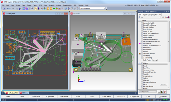 Schermata di un software di progettazione con vista 2D e 3D del circuito