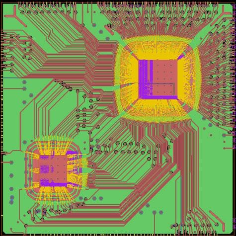 Vista dettagliata di un circuito stampato con tracce e componenti elettronici