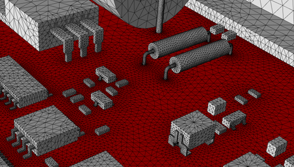 Modello 3D a mesh di una scheda elettronica con componenti