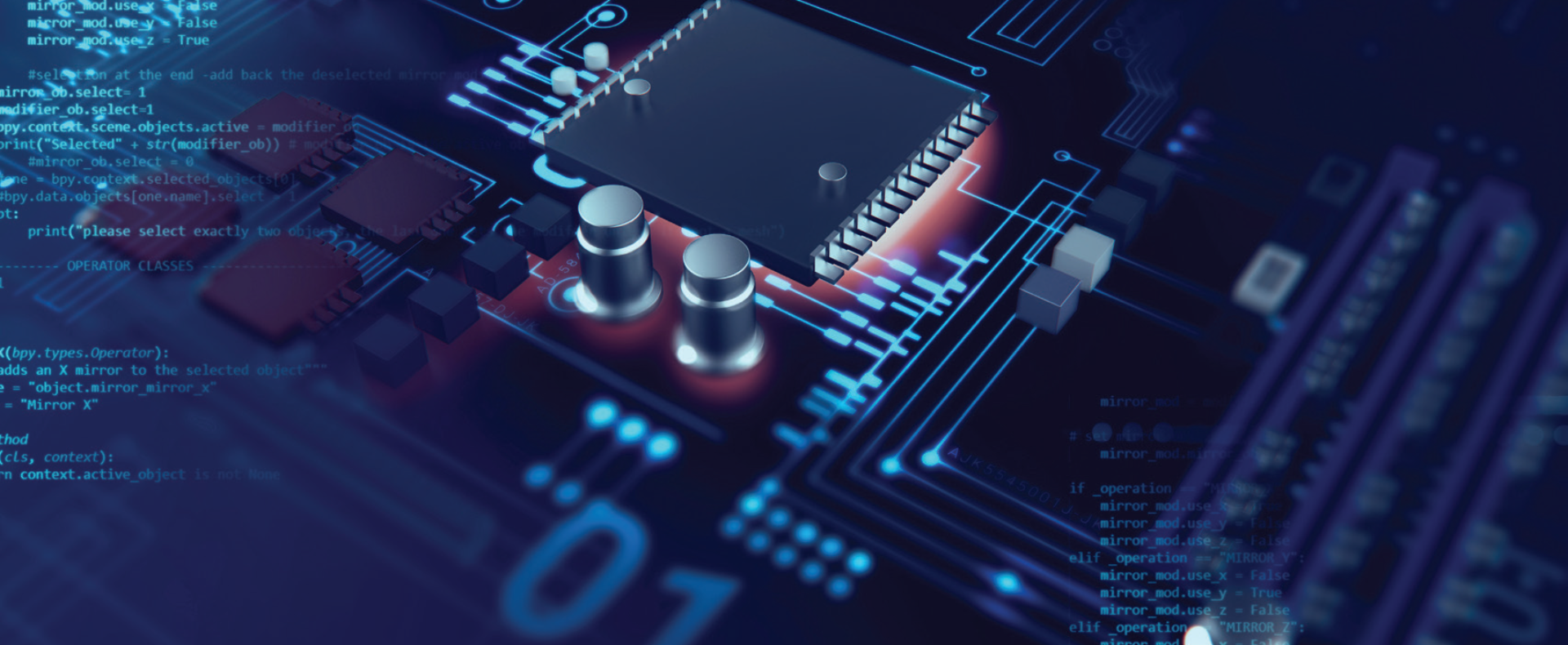 Close-up di un circuito elettronico con microchip e componenti