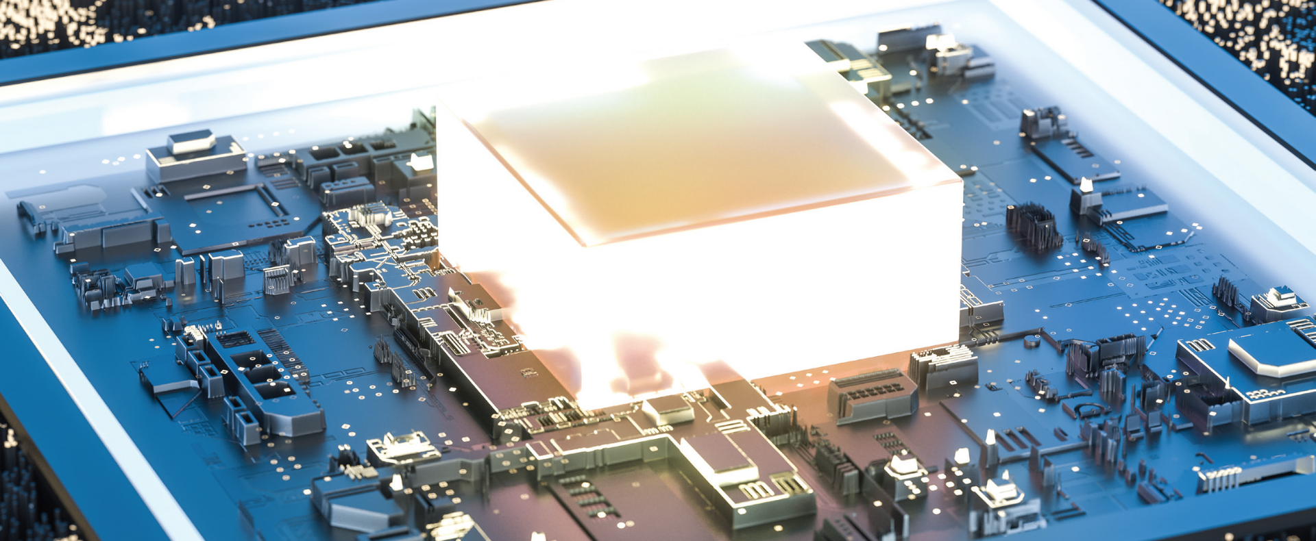 Circuito stampato con un grande processore luminoso al centro