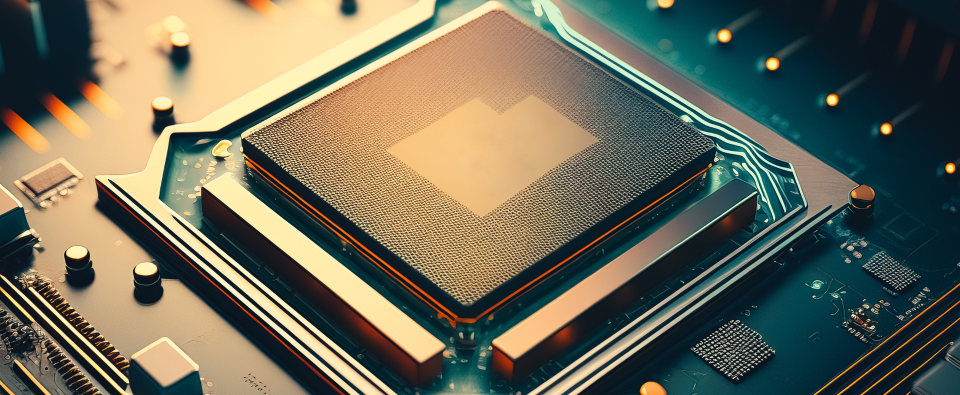 Primo piano di un moderno microchip su una scheda madre illuminata