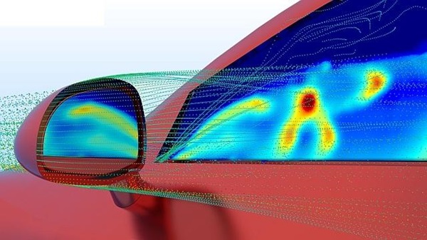 Simulazione CFD di flussi d'aria attorno a uno specchietto retrovisore di un'auto