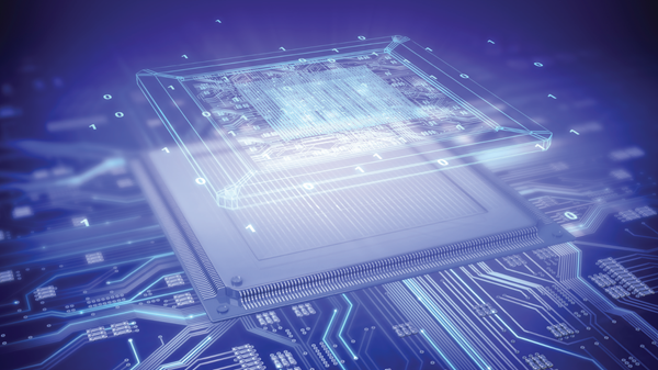 Circuito integrato futuristico con dettagli digitali luminosi