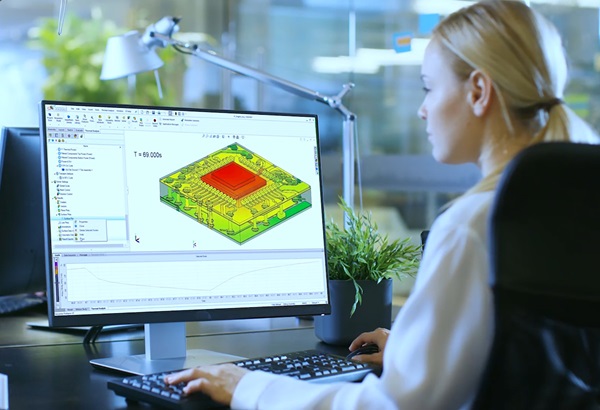 Ingegnere analizza il design termico di un microchip al computer