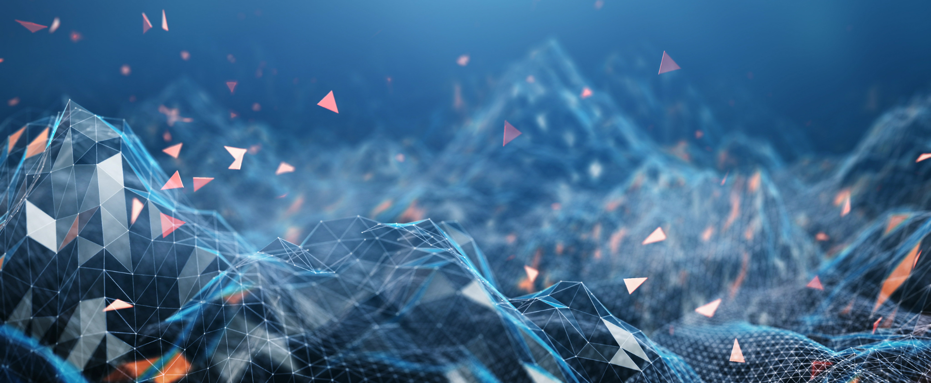 Rappresentazione digitale di un paesaggio montuoso con triangoli geometrici e linee di rete