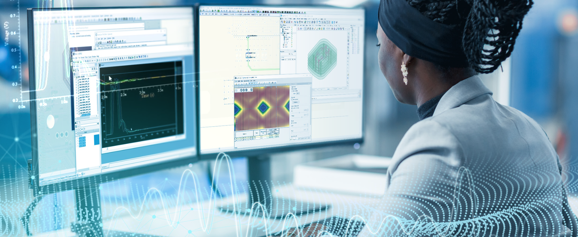 A professional analyzes complex data on two computer screens