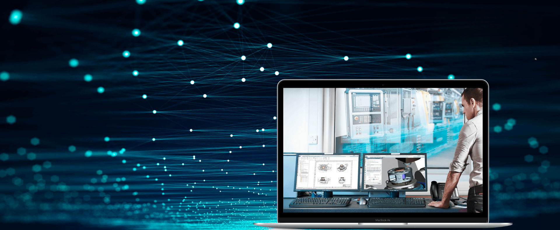 Immagine di uno schermo di laptop che mostra un ambiente di lavoro digitale, con un professionista impegnato in un progetto