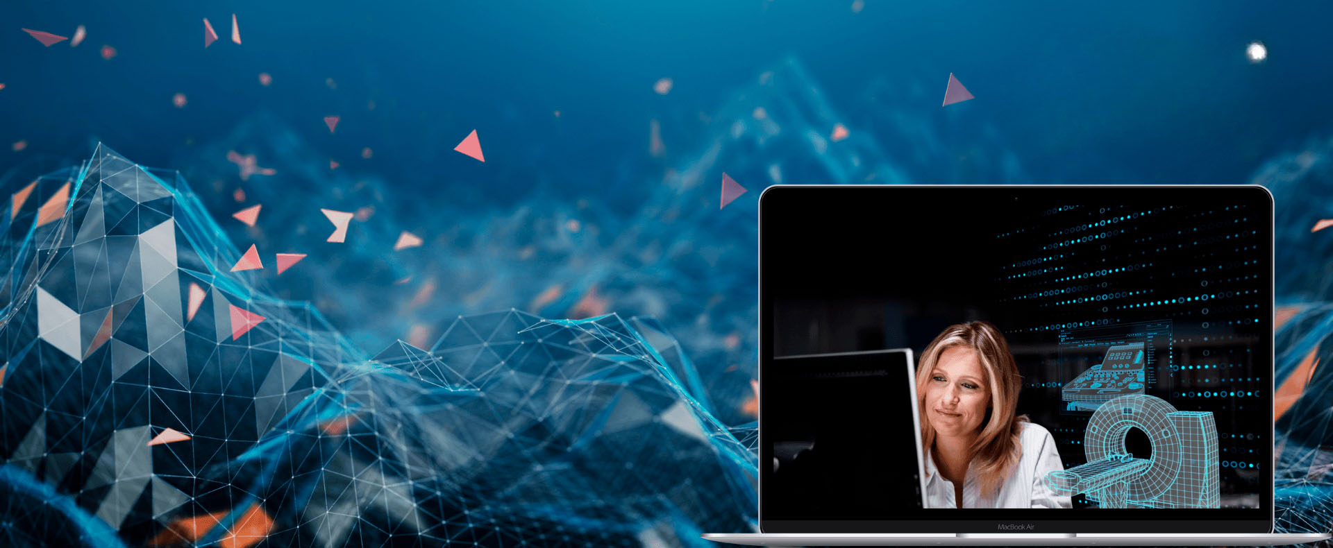 Laptop raffigurante una donna sorridente che lavora su un laptop, immersa in un mondo digitale e innovativo