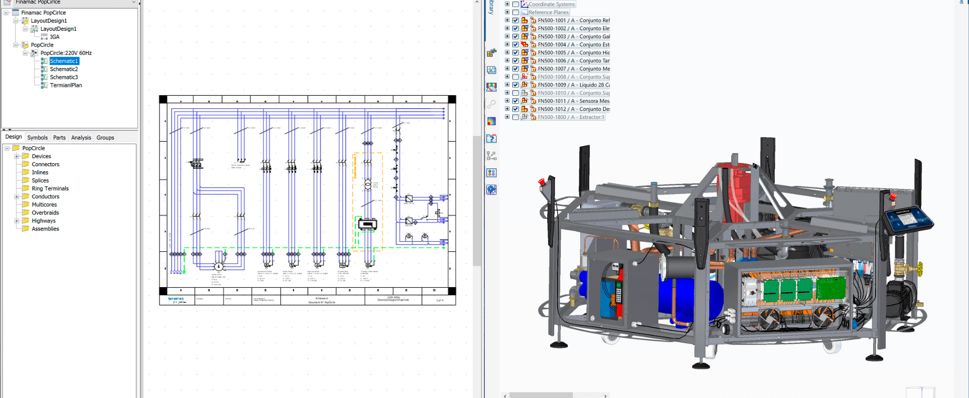 Interfaccia software CAD: progettazione di un sistema automatico con schemi elettrici e modello 3D dettagliato