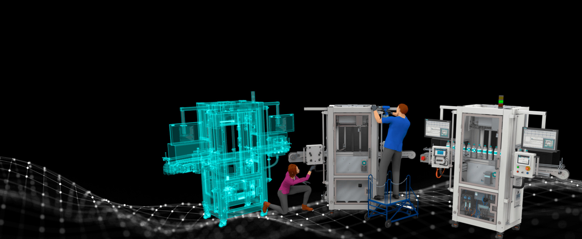 Tecnici che lavorano su macchinari industriali in un ambiente tecnologico con digital twin