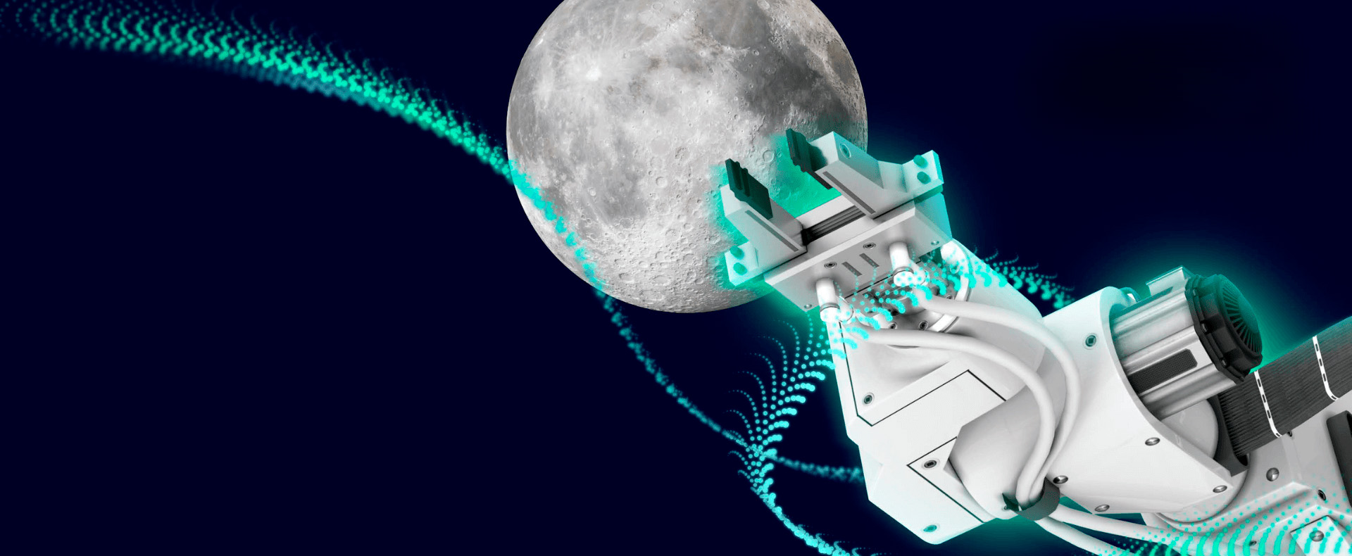 Un braccio robotico avanzato si estende verso la Luna, circondato da un'aura di energia