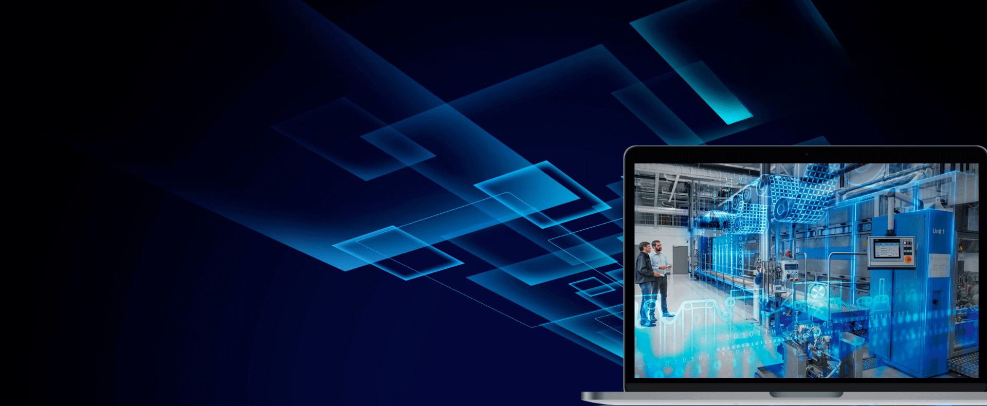 Schermo di un laptop che visualizza una rappresentazione 3D di una fabbrica automatizzata