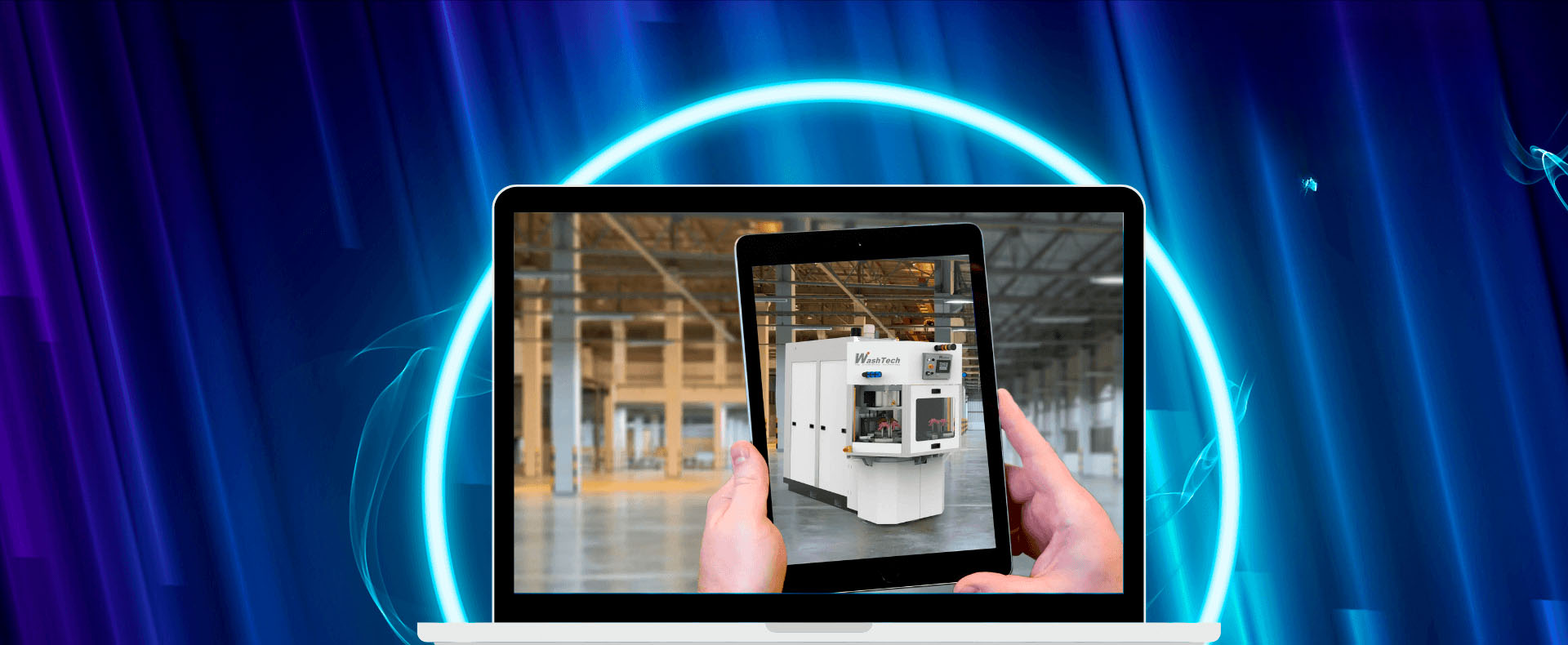 Un tablet mostra una visualizzazione in realtà aumentata di una macchina industriale in un ambiente