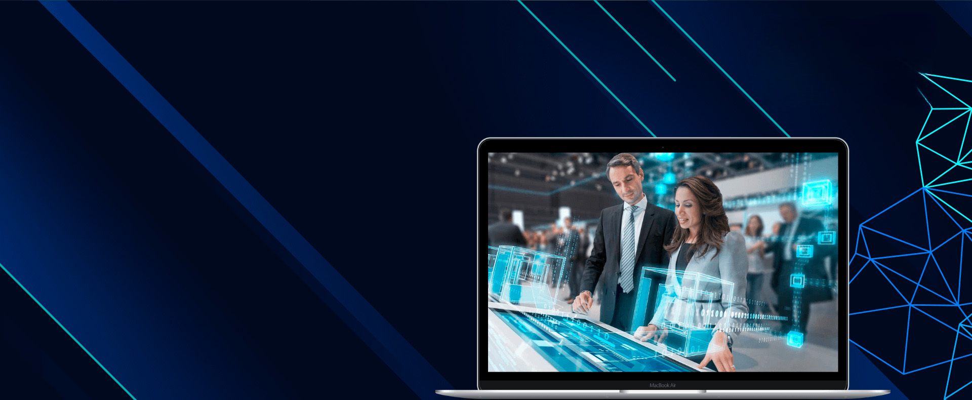 Schermo di un laptop che visualizza una rappresentazione di una fiera tecnologica interattiva